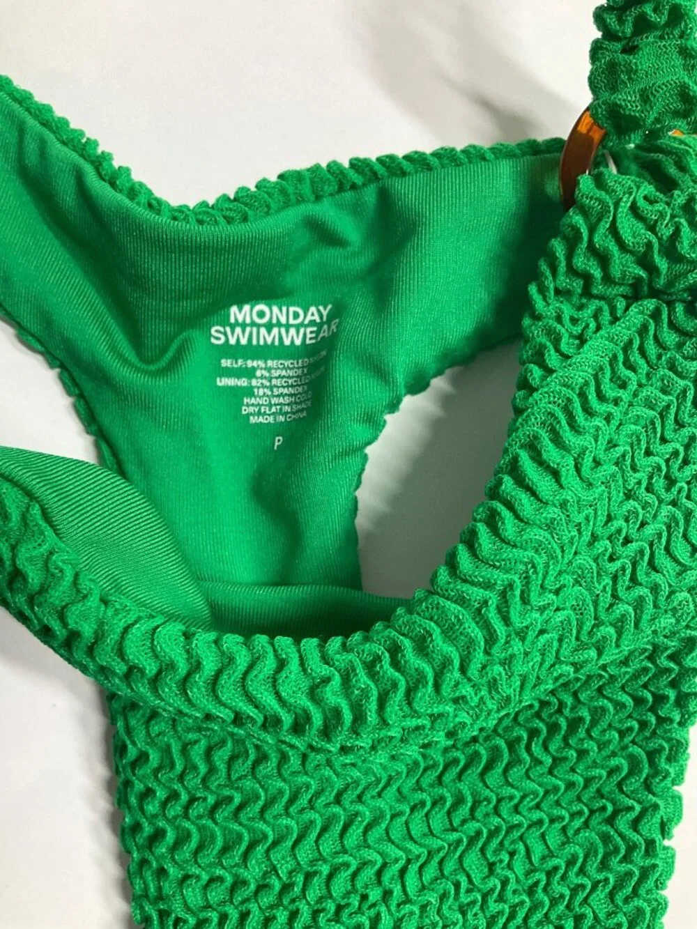 MONDAY Swimwear High Rise Thong Bikini Bottoms in Palm Green Crinkle